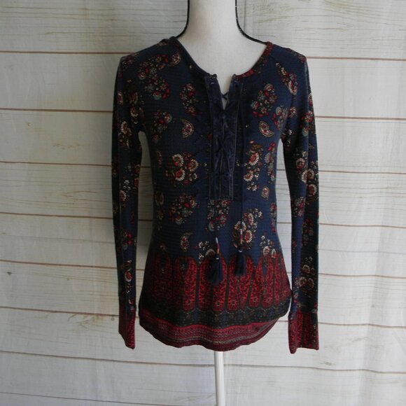 VINTAGE AMERICA WM'S WAFFLE KNIT BOHO LACE-UP DETAIL BLOUSE TOP SZ S - Picture 1 of 4